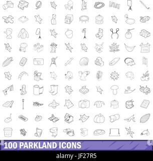 100 parkland icons set, outline style Stock Vector