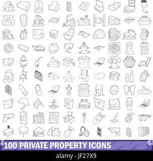 100 private property icons set, outline style Stock Vector
