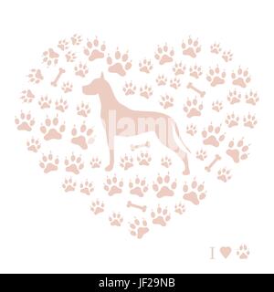 Nice picture of great dane silhouette on a background of dog tracks and bones in the form of heart on a white background. Stock Vector