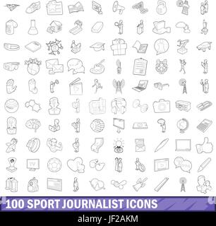 100 sport journalist icons set, outline style Stock Vector