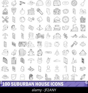 100 suburban house icons set, outline style Stock Vector