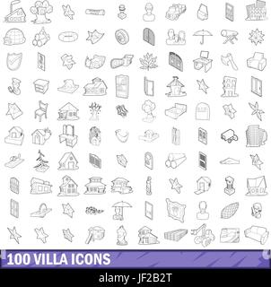 100 villa icons set, outline style Stock Vector