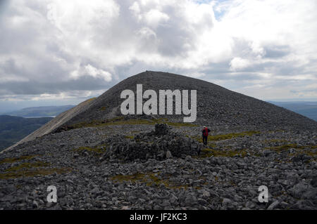 Lone Male Hill Walker on the Summit of Scottish Mountain Corbett Beinn an Oir (The Paps of Jura) Scotland, UK. Stock Photo