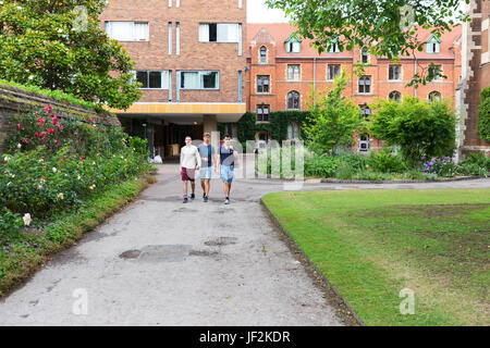 Three students walking in Walnut Tree Court, Queens College Cambridge university, Cambridge England UK Stock Photo
