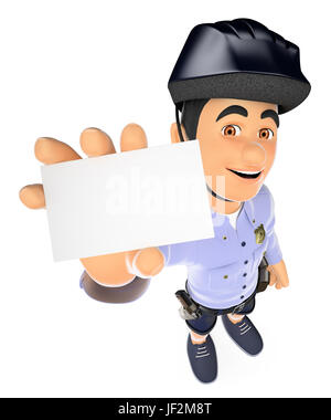 3d security forces people illustration. Police in shorts and bike hard hat with a blank card. Isolated white background. Stock Photo