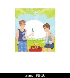 two men barbecuing - funny barbecue party invitation Stock Vector