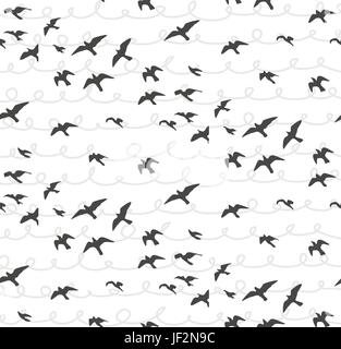Seagulls abstract seamless pattern. Flying birds Flock gray silhouette. Sea-gull sketch abstract bird. Vector cute design for wrapping paper, fabric t Stock Vector