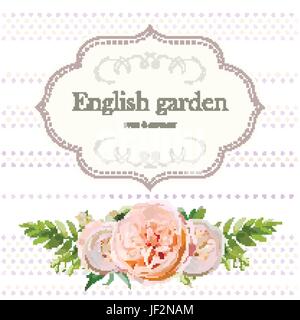 Vector Cute floral square design frame with garden rose fern green eucalyptus seasonal greenery. Pink peach flowers. Invitation card. White delicate p Stock Vector