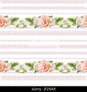Vector floral summer seamless pattern design: bouquets of Pink white garden rose green herbs flowers seasonal plants fern greenery on polka dot backgr Stock Vector