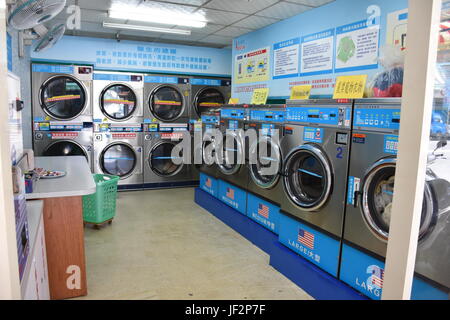 A Taiwan cloths washing laundry machines with made in USA in big letters, with US flag so Taiwan people will have confidence in the appliances. Stock Photo