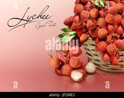 Lychee on red solid background Stock Photo