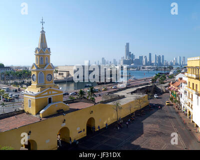Plaza de los Coches, old city entrance with new city skyline in back ground, Cartegena, Colombia Stock Photo