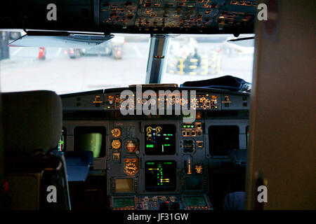 FRANKFURT, GERMANY - JAN 20th, 2017: Airbus A320 cockpit interior. The Airbus A320 family consists of short- to medium-range, narrow-body, commercial passenger twin-engine jet airliners Stock Photo