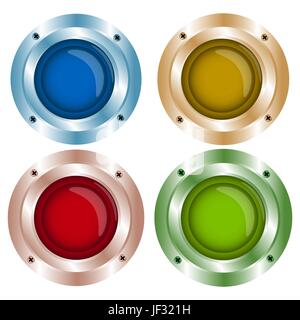 vector shiny color buttons with metal elements, red, green, blue, yellow, background,stock vector Stock Vector