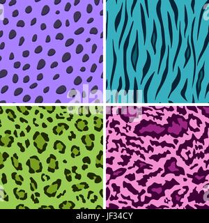 Set of seamless animal bright color patterns, vector feline or cat background Stock Vector