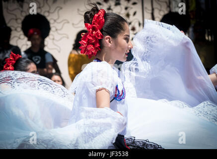 Dancers celebrating Cinco de Mayo in village square of Mesilla, New Mexico, site of the signing of the Gadsden Purchase and Billy the Kid trial. Stock Photo