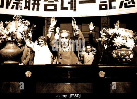 The Hon. S.Y. Lee, Vice President of South Korea, leads cheers at the close of the UN Day ceremony at Seoul.  October 24, 1950.  Photo by Sgt. Ray Turnbull (U.S. Army) Stock Photo