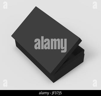 3d rendering black right tilt blank half open box with lid, isolated light gray background elevated view Stock Photo