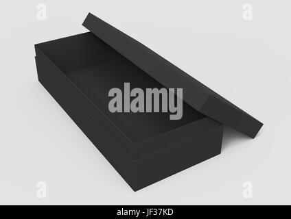 3d rendering black right tilt blank half open box with lid, isolated light gray background elevated view Stock Photo