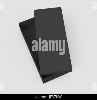 3d rendering black right tilt blank slightly open box with lid, isolated light gray background top view Stock Photo