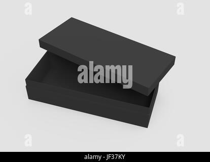 3d rendering black right tilt blank half open box with lid, isolated light gray background elevated view Stock Photo