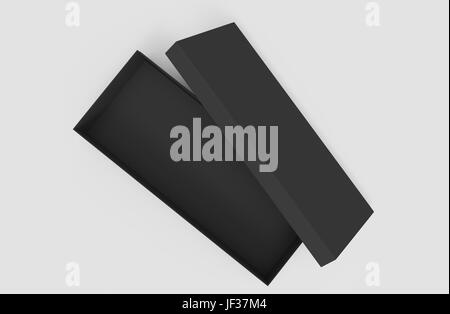 3d rendering black right tilt blank open box with lid, isolated light gray background top view Stock Photo