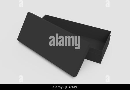 3d rendering black right tilt blank half open box with lid, isolated light gray background elevated view Stock Photo