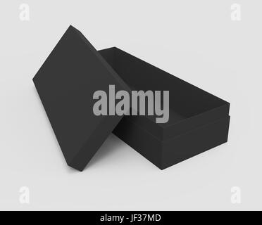 3d rendering black right tilt blank half open box with lid, isolated light gray background elevated view Stock Photo