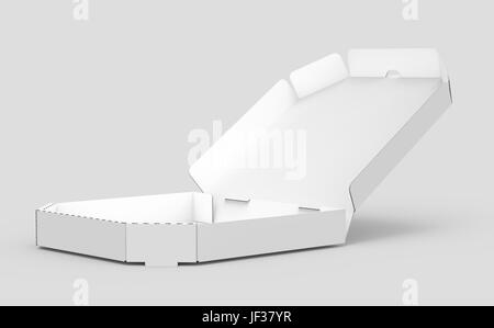 3d rendering white blank left tilt open pizza box, isolated gray background elevated view Stock Photo