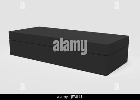 3d rendering black right tilt closed blank box with lid, isolated light gray background elevated view Stock Photo