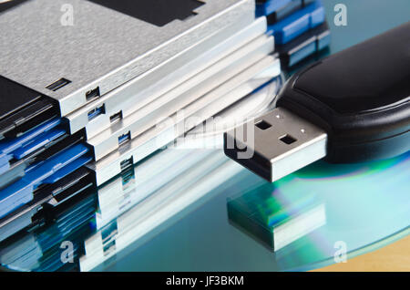 Close up (macro) of a selection of old and new storage media.  Three and a quarter inch floppy disks, CD-ROM and USB memory stick. Stock Photo