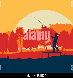 Fisherman near pond and trees vector landscape background with sunset Stock Vector