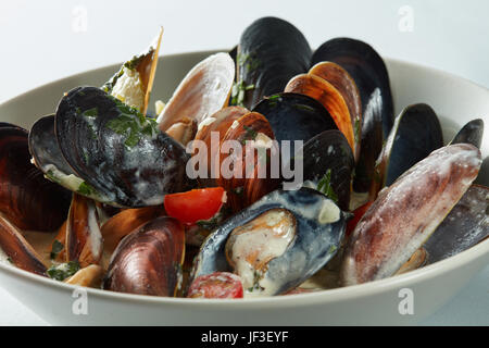 Mussels in the bowl in a white wine sauce Stock Photo