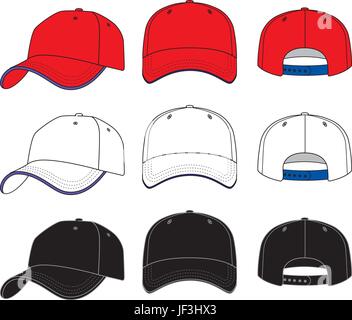 Baseball cap vector customisable for proofing trucker hat cap template front back and side Stock Vector