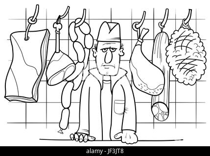 Black and White Cartoon Illustration of Butcher in his Shop with Meat