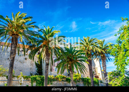 Korcula Medieval Town Walls still surrounded by Korcula old town with 14th century thick stone walls and towers that were built in medieval times. Stock Photo