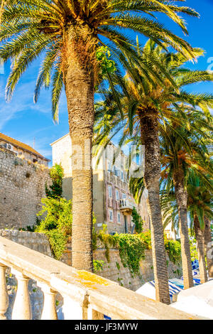 Korcula Medieval Town Walls still surrounded by Korcula old town with 14th century thick stone walls and towers that were built in medieval times. Stock Photo