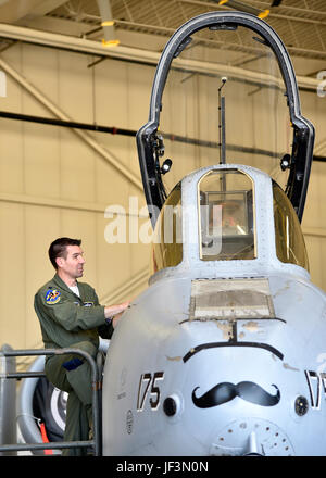 A 104th Fighter Squadron pilot speaks to a member of the Office of Cost Assessment and Program Evaluation June 1, 2017, while seated inside an A-10C Thunderbolt II aircraft in the fuel cell hangar at Warfield Air National Guard Base, Md. The CAPE staff consists of around 160 members which include both government civilians and military officers. (U.S. Air National Guard photo by Airman Sarah M. McClanahan /Released Master Sgt. Chris Schepers) Stock Photo