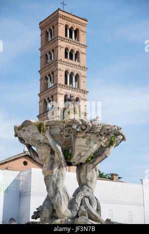 Tritons fountain and Basilica of Saint Mary in Cosmedin (Santa Maria in Cosmedin) at Piazza Bocca della Verita in Rome, Italy Stock Photo