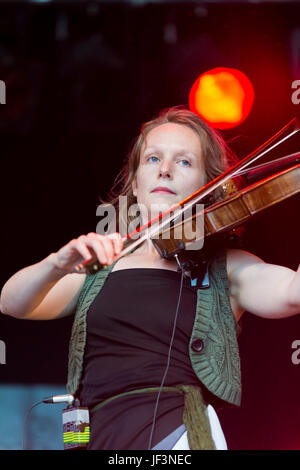 Dundrennan Scotland, UK - July 26, 2014: Abi Fry of British Sea Power performs at the Wickerman Festival Stock Photo