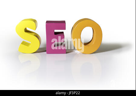 Multicolored word seo made of wood. Stock Photo