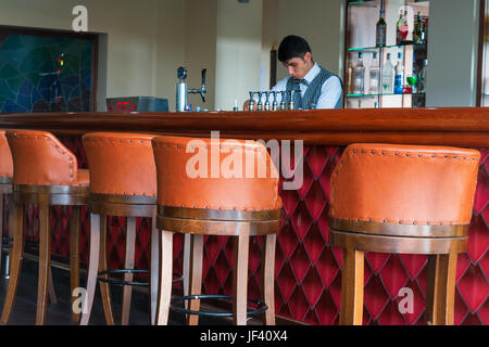 Arabic barman behind counter, preparing something to drink. Stock Photo