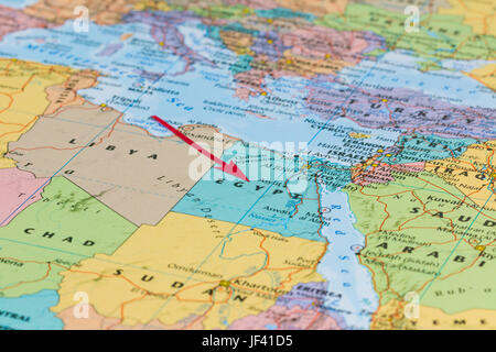 Photo of Egypt. Country indicated by red arrow. Country on African continent. Stock Photo