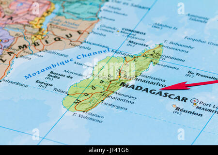 Photo of Madagascar. Country indicated by red arrow. Country on African continent. Stock Photo