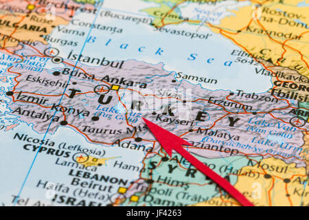 Photo of Turkey. Country indicated by red arrow. Country on European and Asian continent. Stock Photo