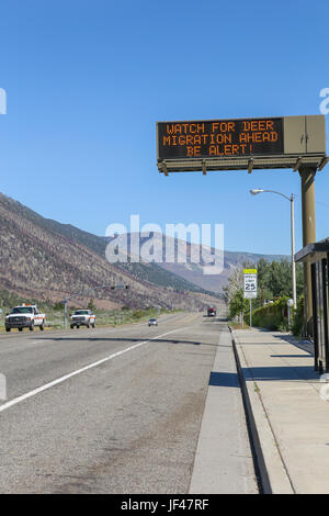 Road sign information for motorists along highway 395 in Lee Vining California warning of migrating deer crossing the road. Stock Photo