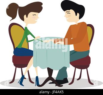 Illustration of a Man and Woman Asking Each Other Questions at a Speed Dating Event sitting by the table in a cafe Stock Vector