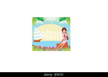 woman, greeting, travel, female, tree, trees, holiday, vacation, holidays, Stock Vector