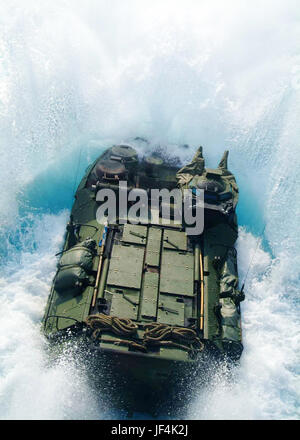 An amphibious assault vehicle launches from the well deck of the USS Harpers Ferry (LSD 49) off the coast of Okinawa, Japan.  DoD photo by Petty Officer 3rd Class Mark Alvarez, U.S. Navy. Stock Photo