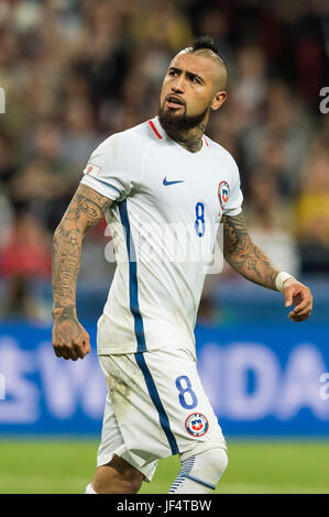 Kazan, Russia. 28th June, 2017. Arturo Vidal of Chile reacts during the FIFA Confederations Cup 2017 semifinal match against Portugal in Kazan, Russia, June 28, 2017. Credit: Evgeny Sinitsyn/Xinhua/Alamy Live News Stock Photo